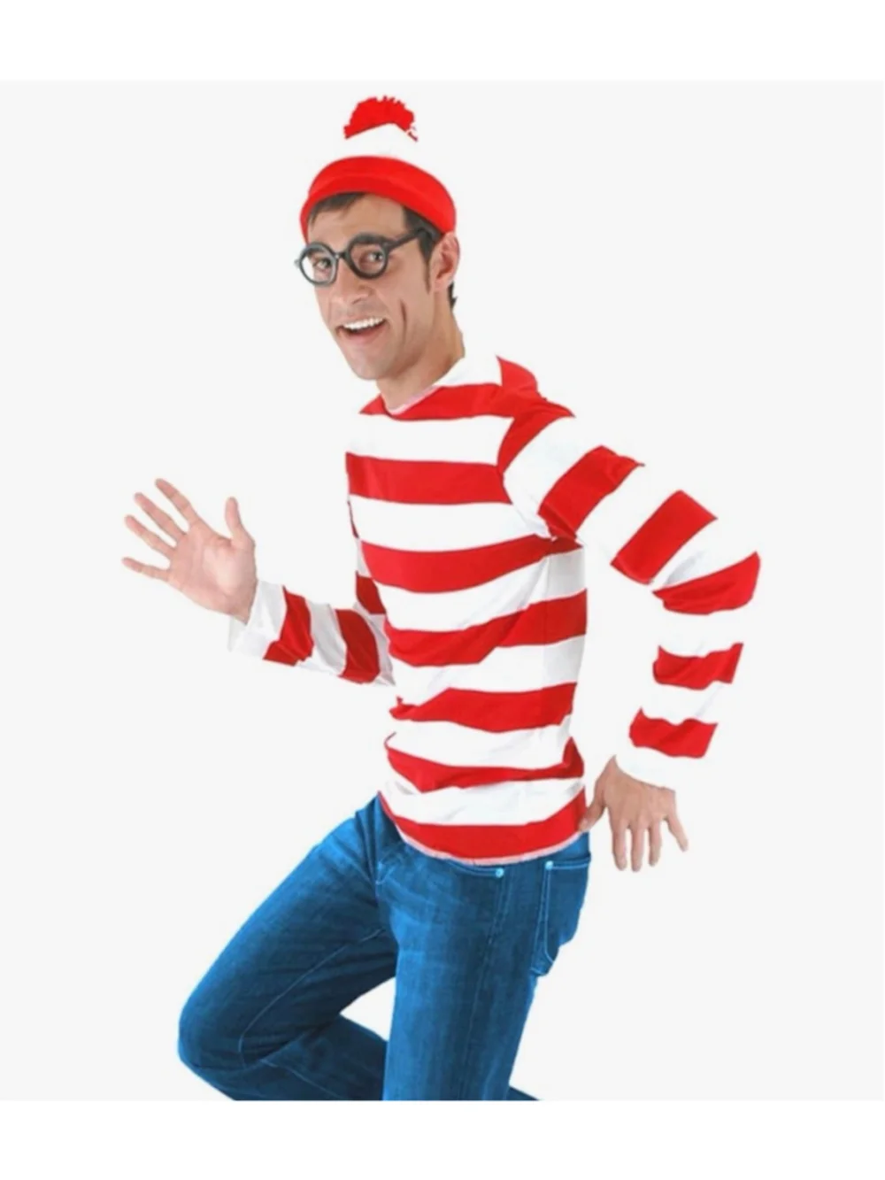 New Adult Where's Waldo Costume Shirt, Hat & Glasses